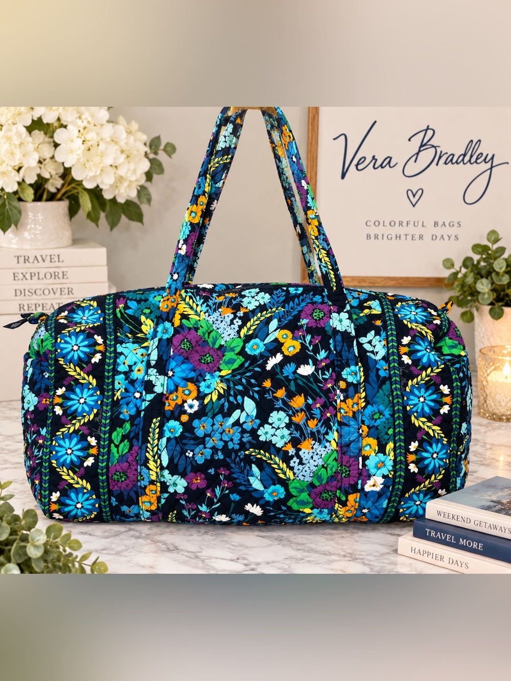 Vera Bradley Large Travel Duffel Bag Midnight Blues Retired Floral NWOT